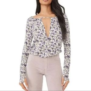 NWT FREE PEOPLE Kaya Print Cutout Bodysuit in Ivory Violet Floral new